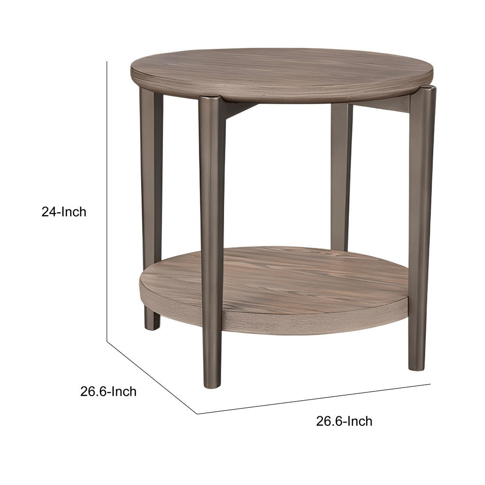 Jesy Side End Table | 27" Round Top | Lower Shelf | Natural Brown