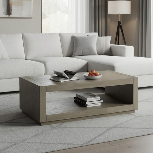 Dane Coffee Table | 48" Cubic | Open Shelf | Natural Oak Gray Finish
