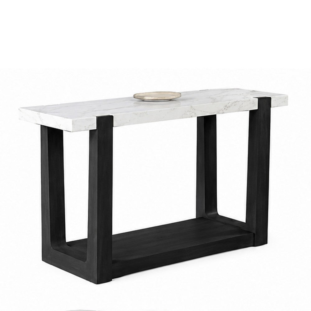Sane Sofa Console Table | 50" White Faux Marble Top with Shelf | Black