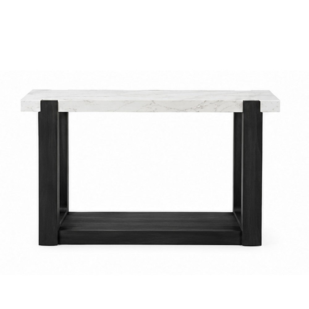 Sane Sofa Console Table | 50" White Faux Marble Top with Shelf | Black