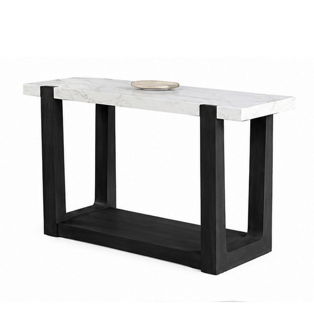 Sane Sofa Console Table | 50" White Faux Marble Top with Shelf | Black