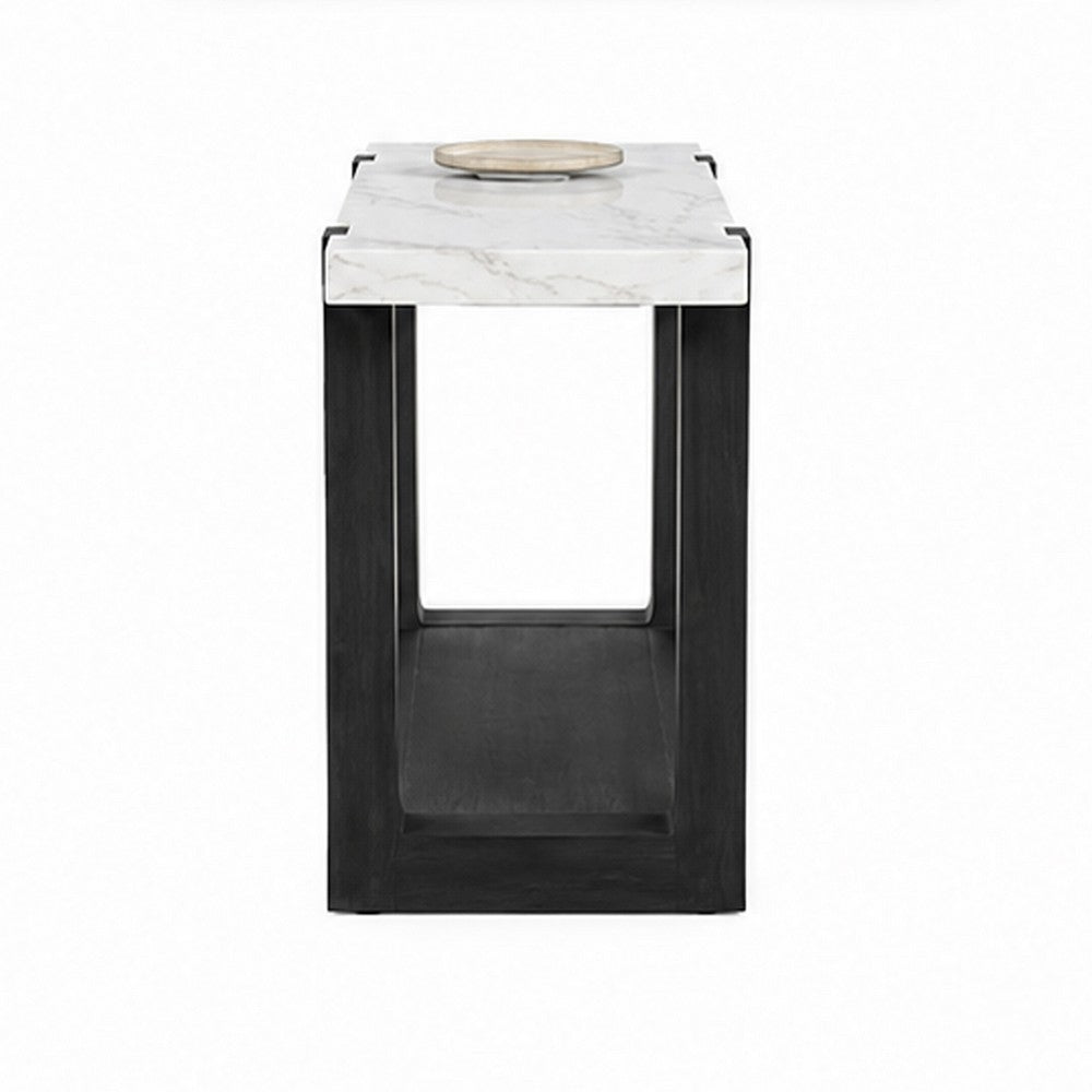 Sane Sofa Console Table | 50" White Faux Marble Top with Shelf | Black