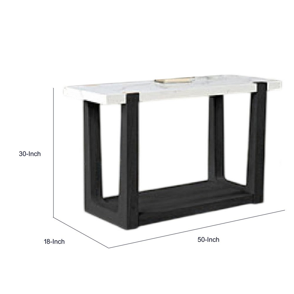 Sane Sofa Console Table | 50" White Faux Marble Top with Shelf | Black