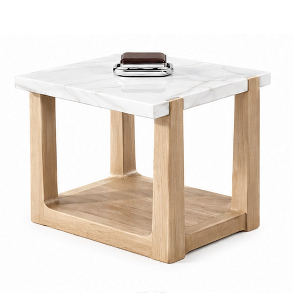 Sane Side End Table | 24" White Faux Marble Top with Shelf | Brown