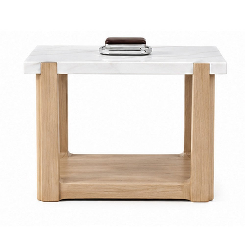 Sane Side End Table | 24" White Faux Marble Top with Shelf | Brown