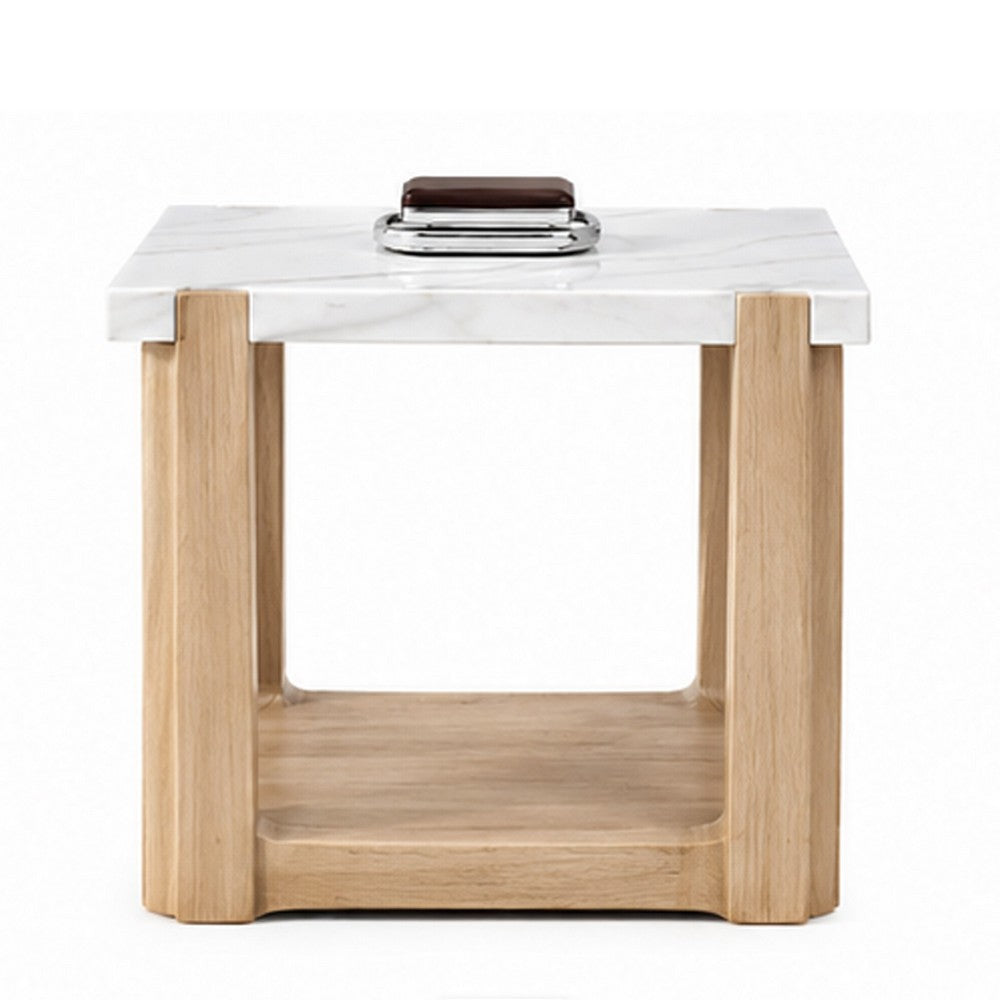 Sane Side End Table | 24" White Faux Marble Top with Shelf | Brown