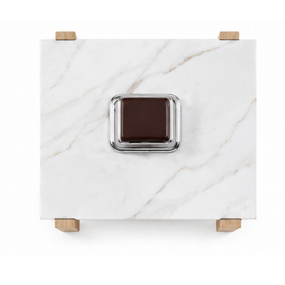 Sane Side End Table | 24" White Faux Marble Top with Shelf | Brown