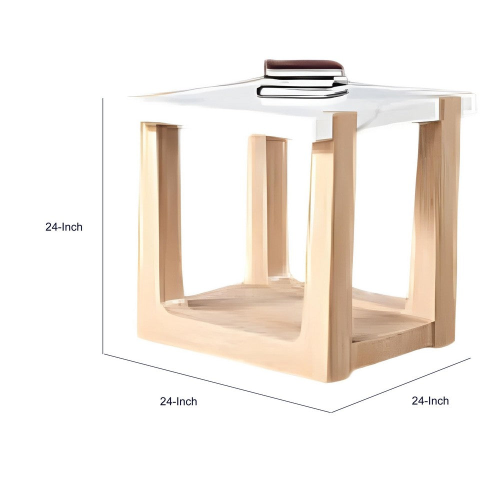 Sane Side End Table | 24" White Faux Marble Top with Shelf | Brown