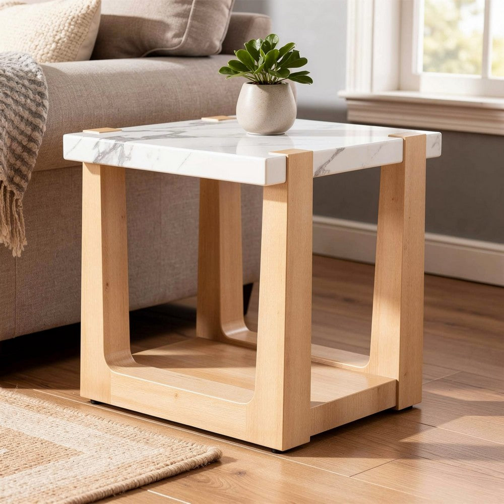 Sane Side End Table | 24" White Faux Marble Top with Shelf | Brown