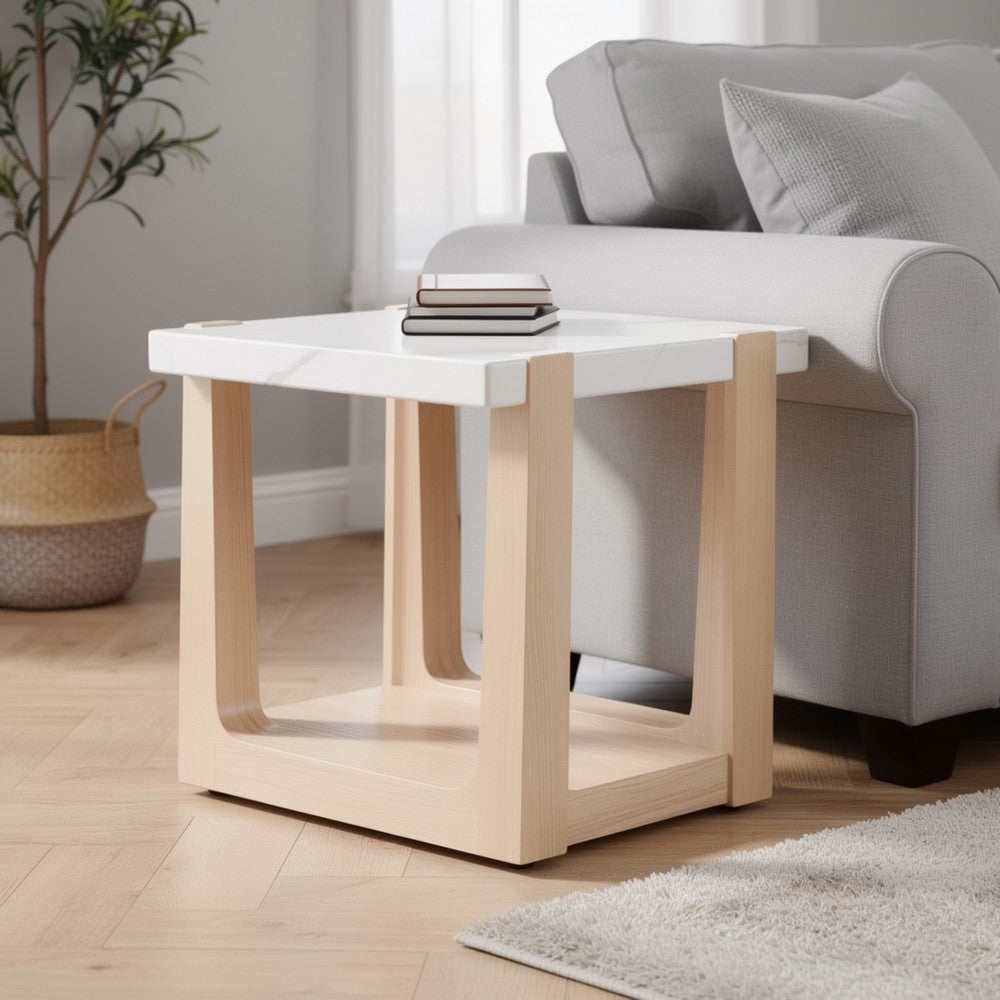 Sane Side End Table | 24" White Faux Marble Top with Shelf | Brown