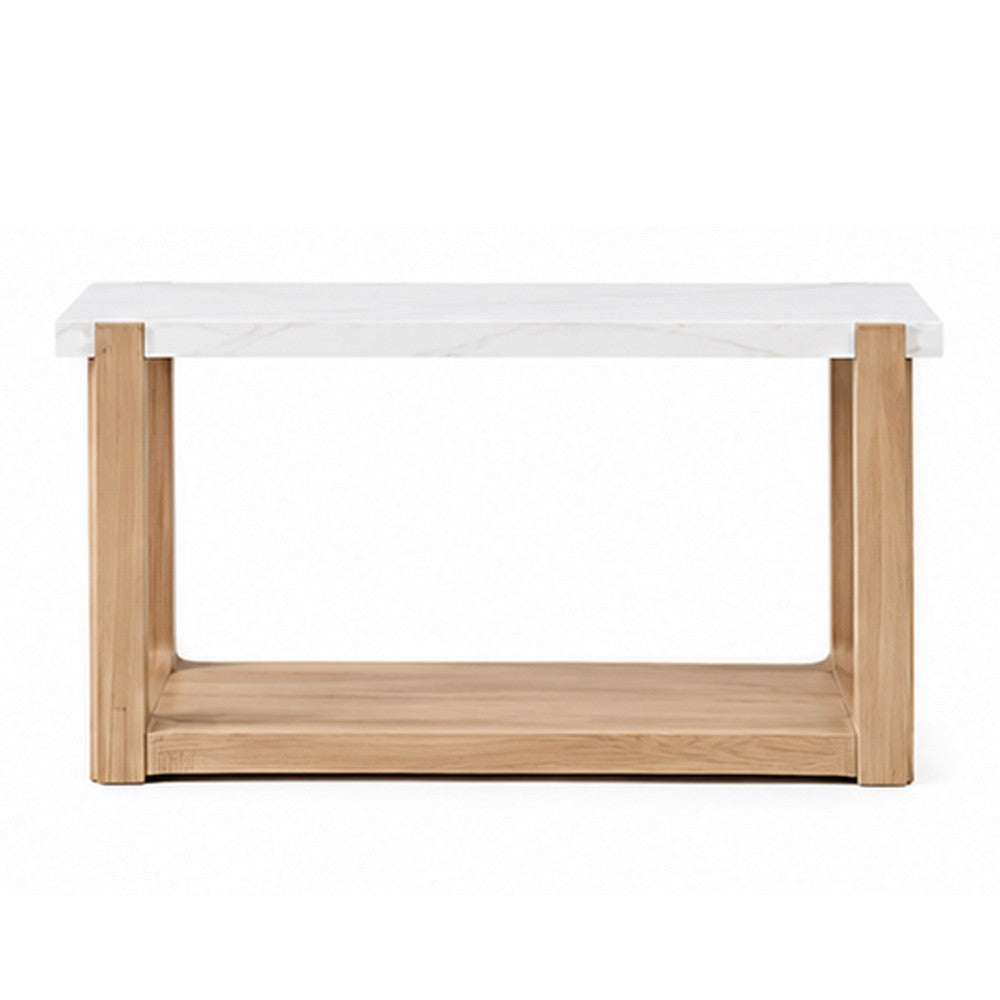 Sane Console Sofa Table | 50" White Faux Marble Top with Shelf | Brown