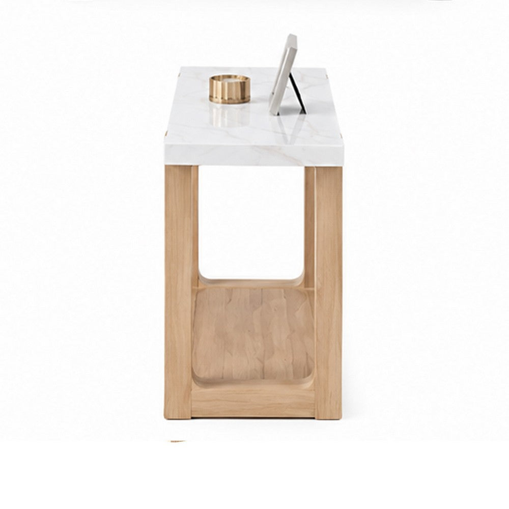 Sane Console Sofa Table | 50" White Faux Marble Top with Shelf | Brown