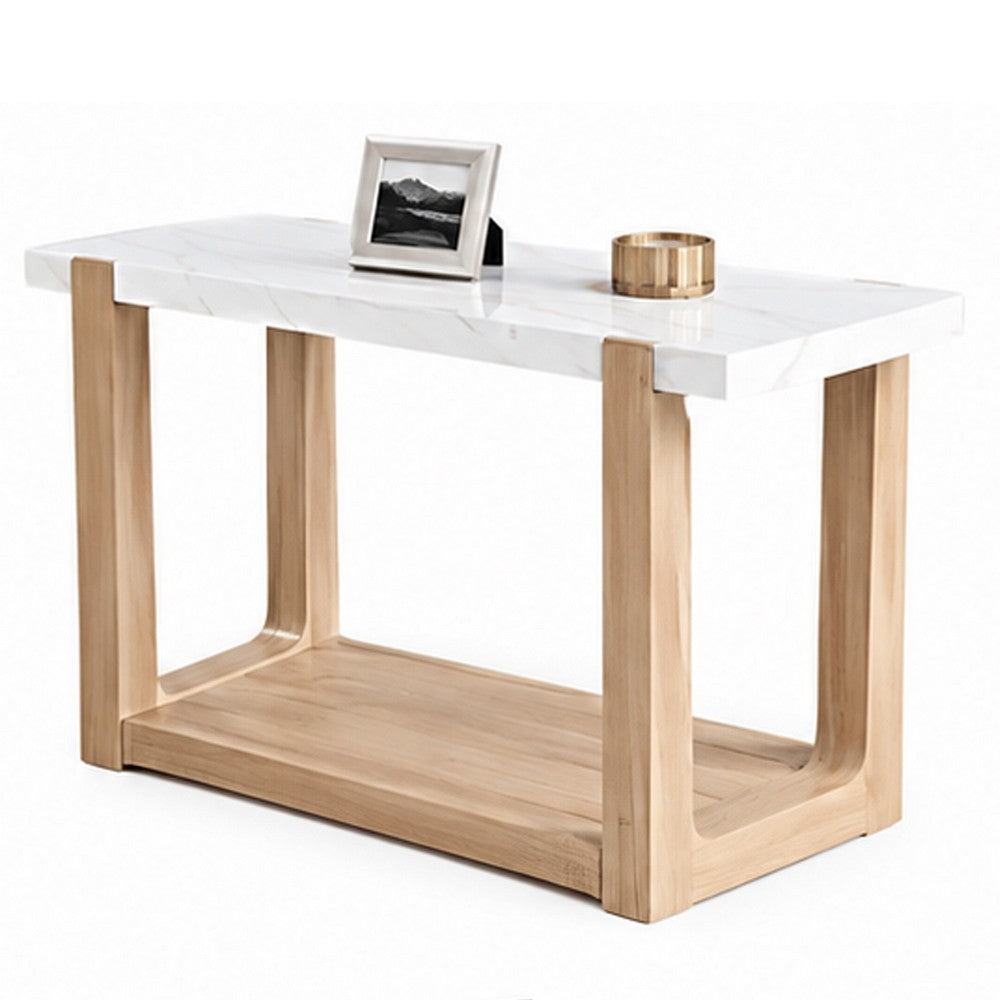 Sane Console Sofa Table | 50" White Faux Marble Top with Shelf | Brown