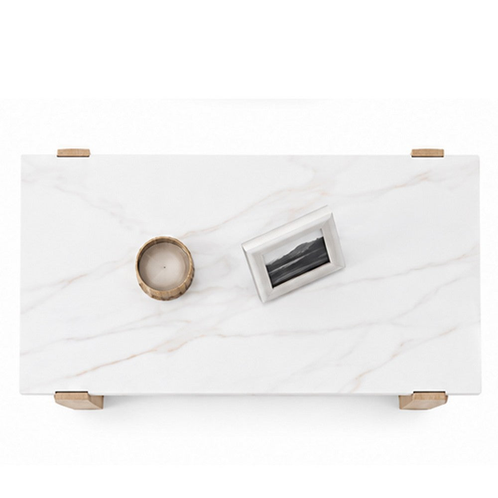 Sane Console Sofa Table | 50" White Faux Marble Top with Shelf | Brown