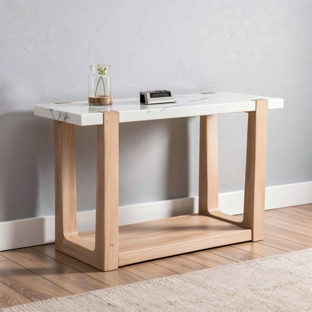 Sane Console Sofa Table | 50" White Faux Marble Top with Shelf | Brown