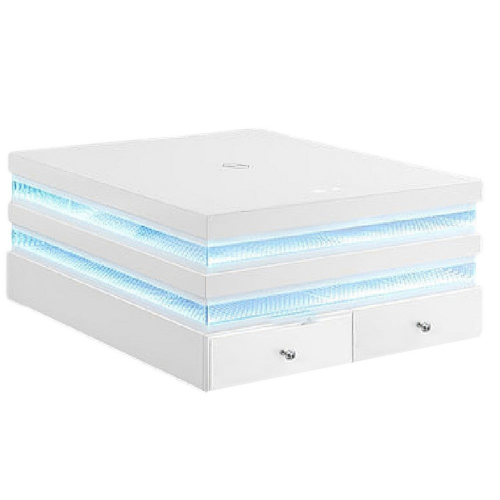 Lesi Coffee Table | 47" Glass Top | 2 Drawers | LED Glam White