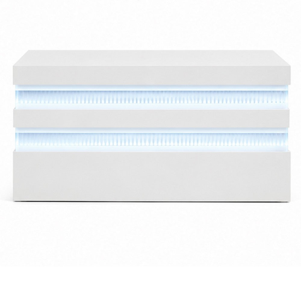 Lesi Coffee Table | 47" Glass Top | 2 Drawers | LED Glam White