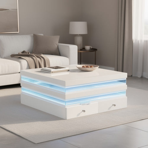 Lesi Coffee Table | 47" Glass Top | 2 Drawers | LED Glam White