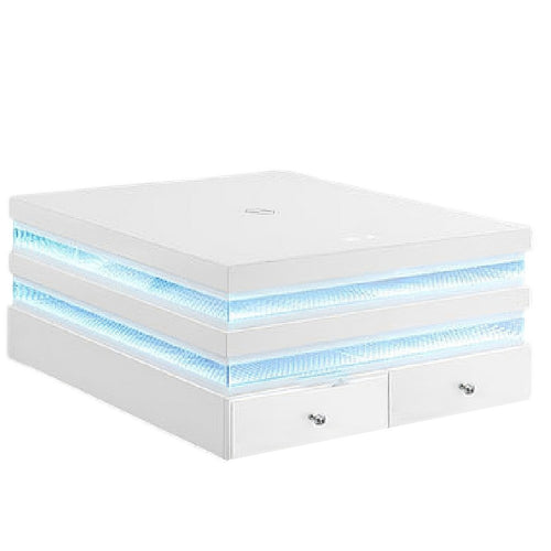 Lesi Cocktail Table | 39" Glass Top | 2 Drawers | LED Glam White