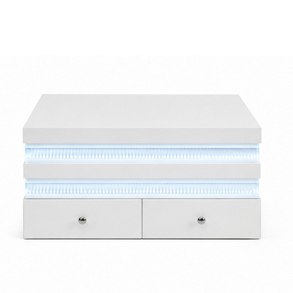 Lesi Cocktail Table | 39" Glass Top | 2 Drawers | LED Glam White