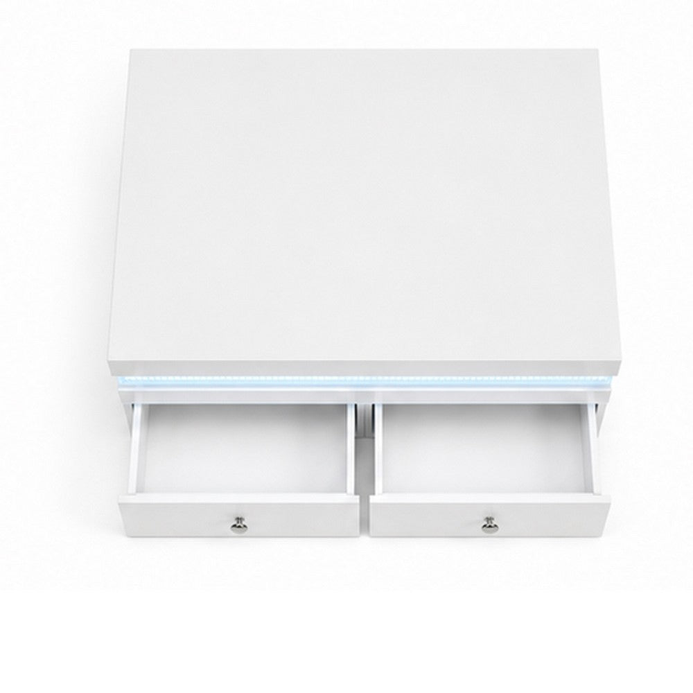Lesi Cocktail Table | 39" Glass Top | 2 Drawers | LED Glam White