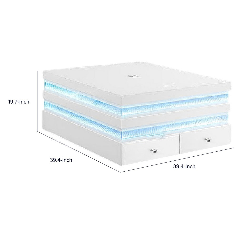 Lesi Cocktail Table | 39" Glass Top | 2 Drawers | LED Glam White