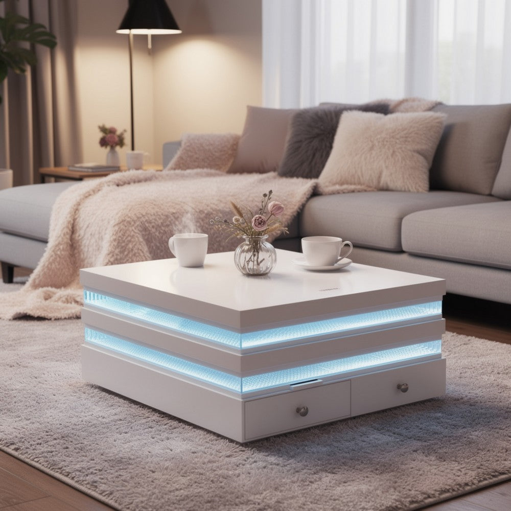 Lesi Cocktail Table | 39" Glass Top | 2 Drawers | LED Glam White