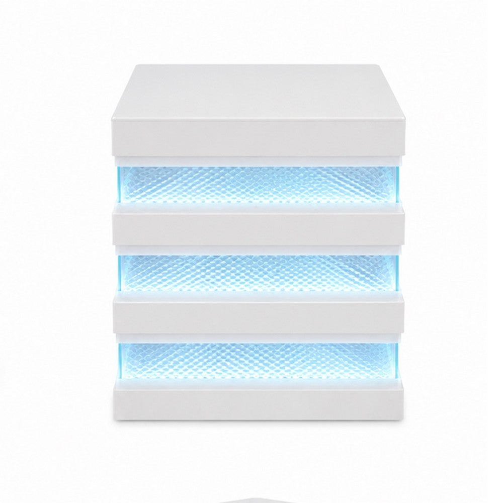 Lesi Side End Table | 20" Glass Top | 2 Drawers | LED Glam White