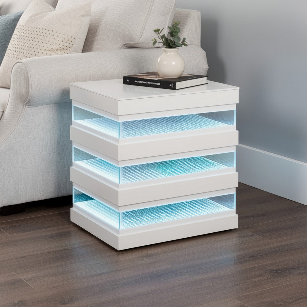 Lesi Side End Table | 20" Glass Top | 2 Drawers | LED Glam White