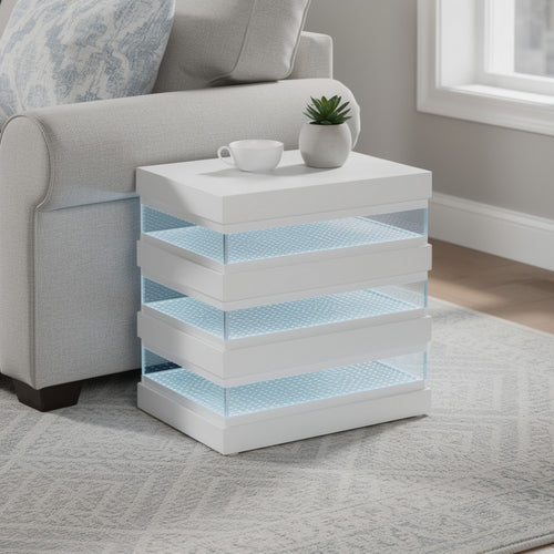 Lesi Side End Table | 20" Glass Top | 2 Drawers | LED Glam White