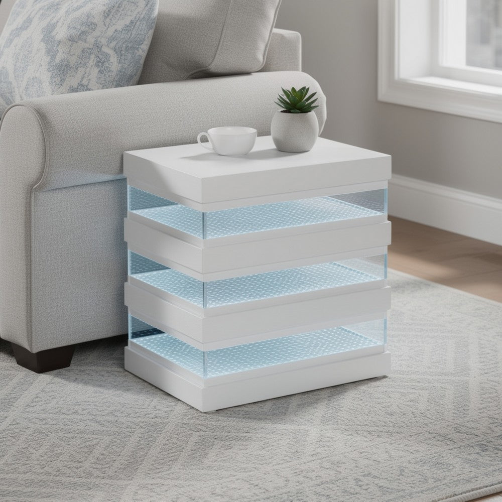 Lesi Side End Table | 20" Glass Top | 2 Drawers | LED Glam White