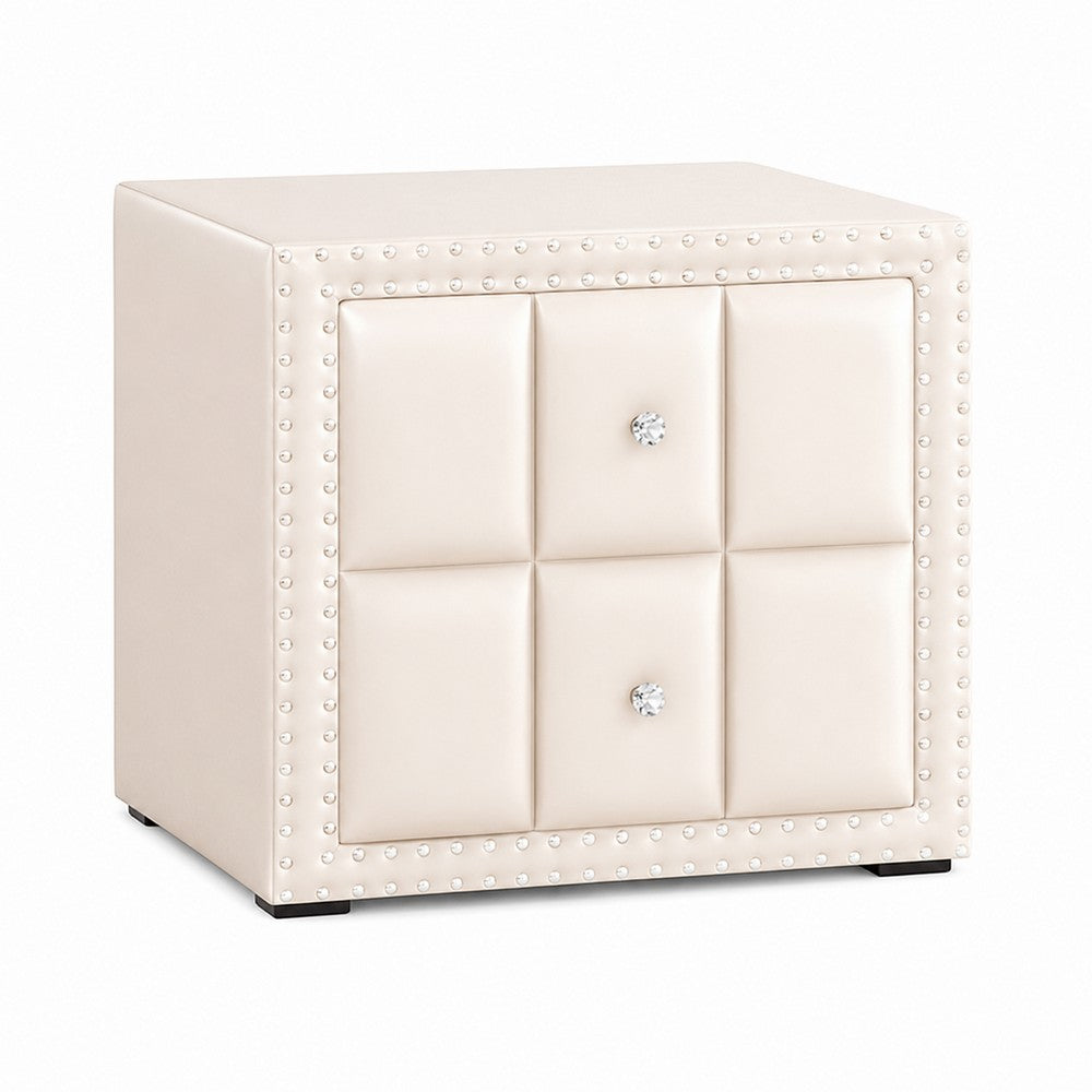 Fysa Nightst& | 2 Drawers | Crystal Knobs | Tufted Beige Upholstery