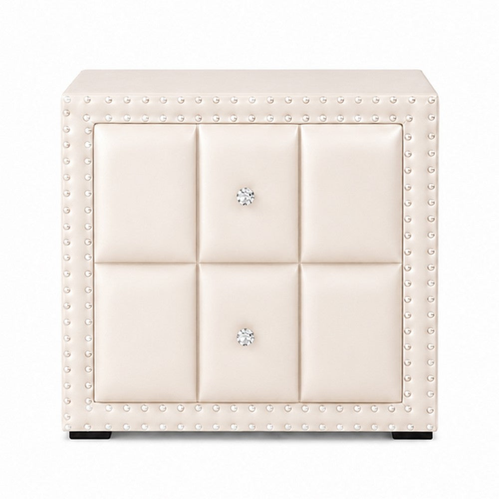 Fysa Nightst& | 2 Drawers | Crystal Knobs | Tufted Beige Upholstery