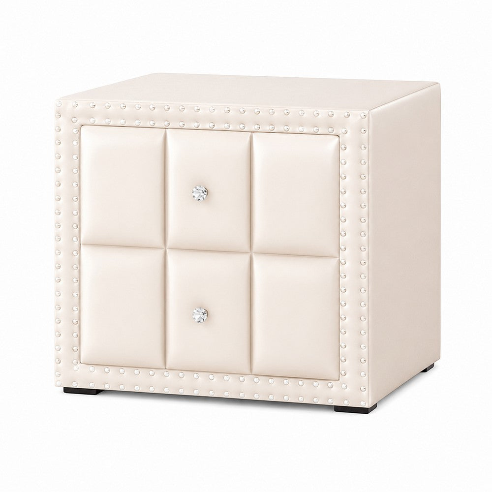 Fysa Nightst& | 2 Drawers | Crystal Knobs | Tufted Beige Upholstery