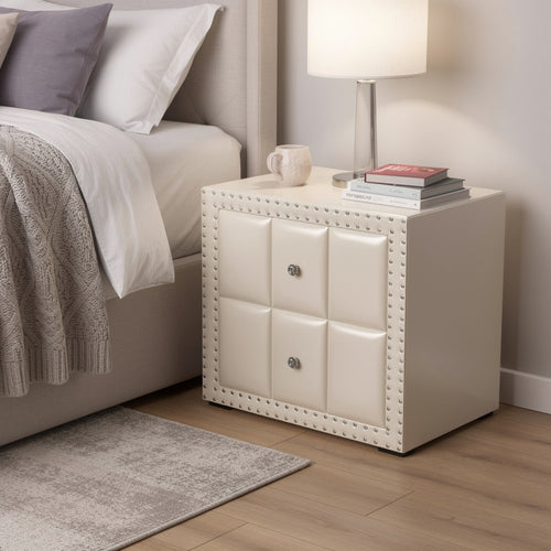 Fysa Nightst& | 2 Drawers | Crystal Knobs | Tufted Beige Upholstery