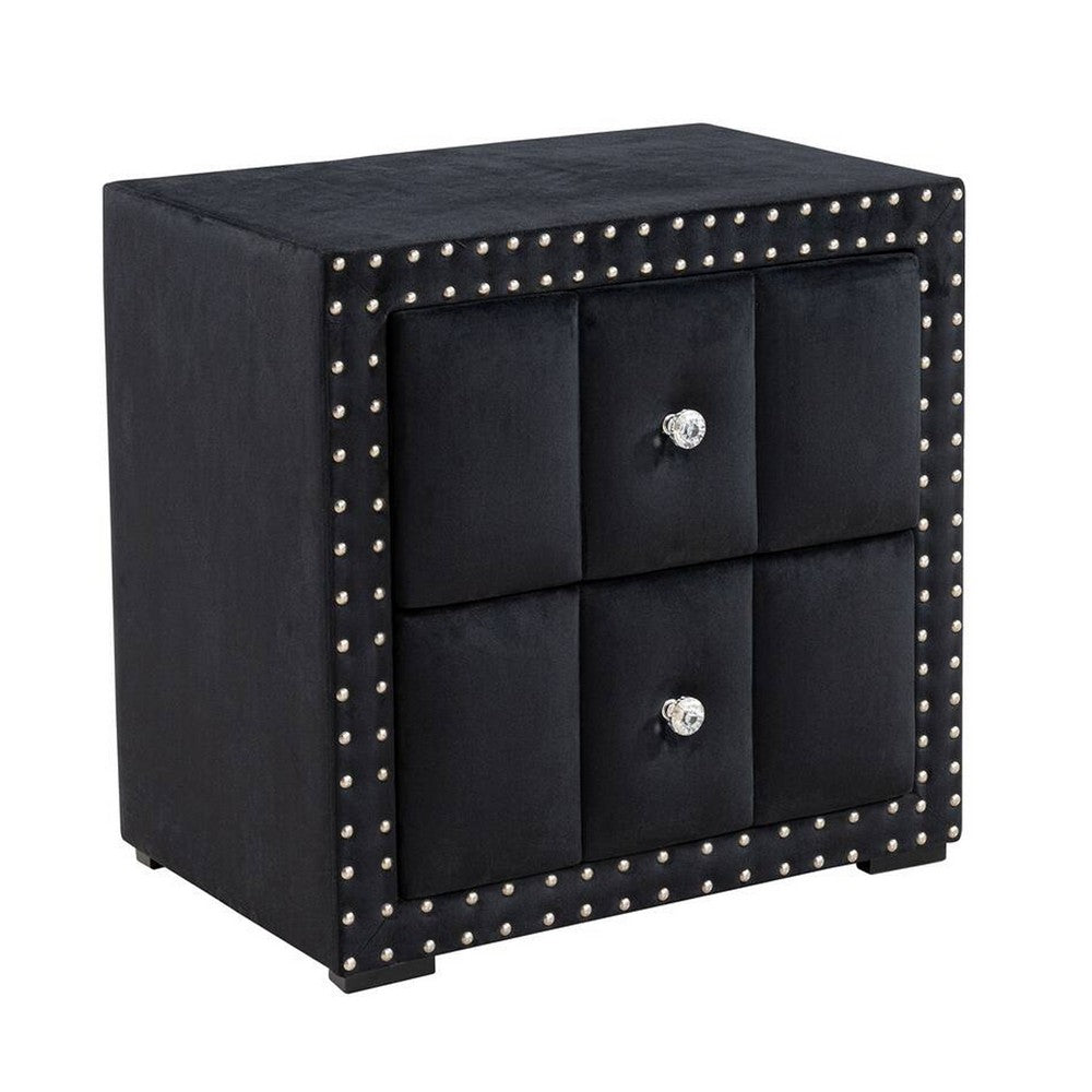 Fysa Nightst& | 2 Drawers | Crystal Knobs | Tufted Black Upholstery