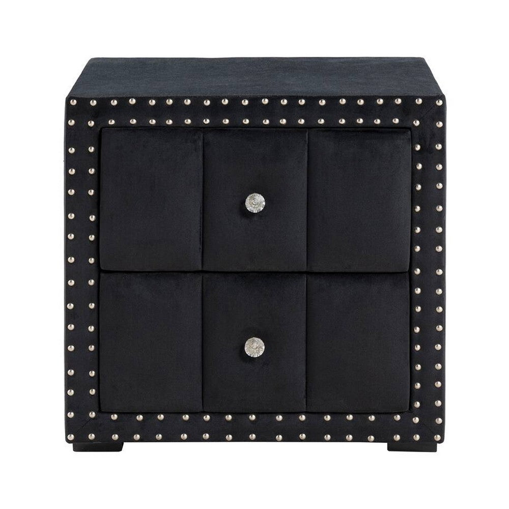 Fysa Nightst& | 2 Drawers | Crystal Knobs | Tufted Black Upholstery
