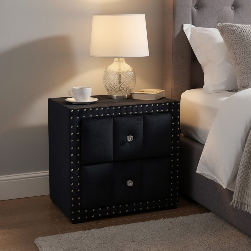 Fysa Nightst& | 2 Drawers | Crystal Knobs | Tufted Black Upholstery