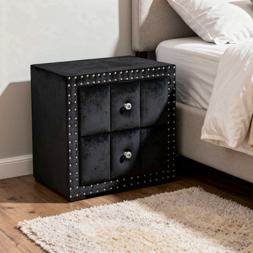 Fysa Nightst& | 2 Drawers | Crystal Knobs | Tufted Black Upholstery