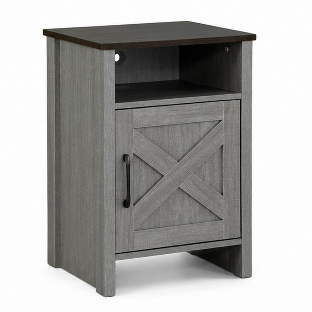 Gera Side Table | 16" Dark Brown Top | X Barn Door | Open Shelf | Gray