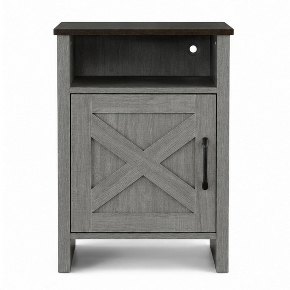 Gera Side Table | 16" Dark Brown Top | X Barn Door | Open Shelf | Gray