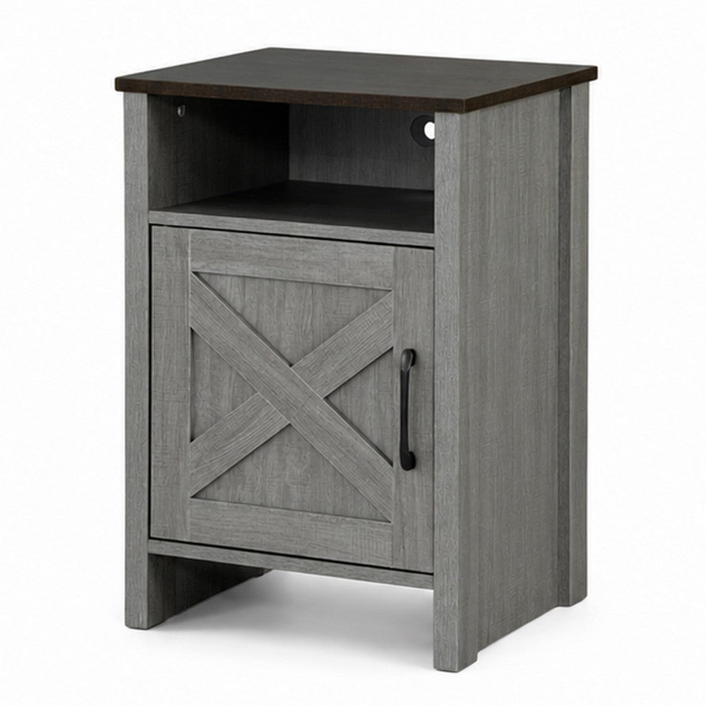 Gera Side Table | 16" Dark Brown Top | X Barn Door | Open Shelf | Gray