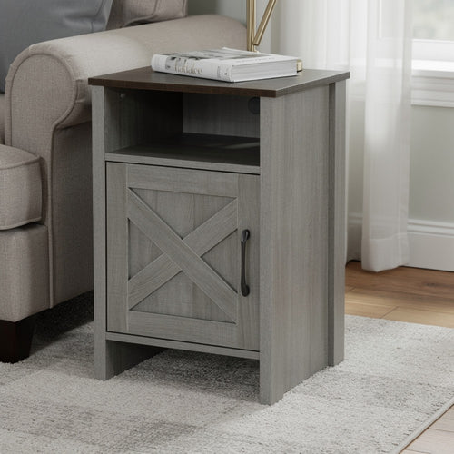 Gera Side Table | 16" Dark Brown Top | X Barn Door | Open Shelf | Gray