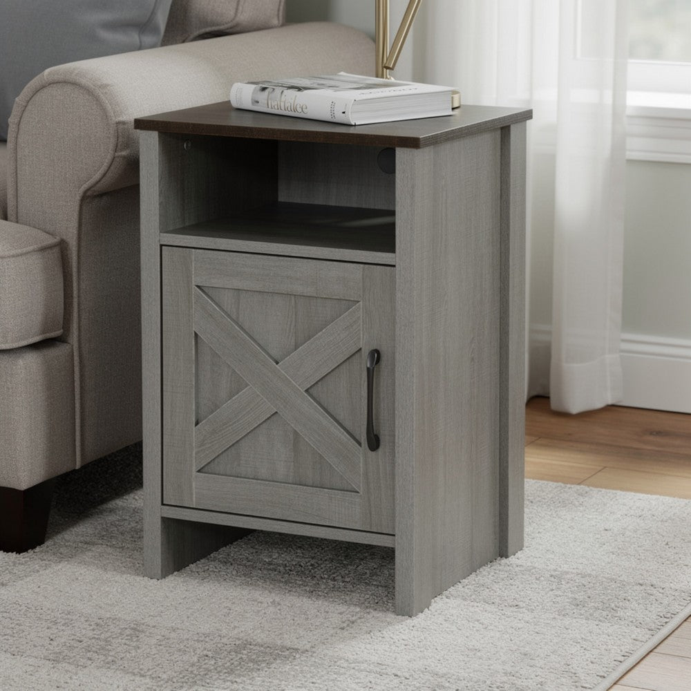 Gera Side Table | 16" Dark Brown Top | X Barn Door | Open Shelf | Gray