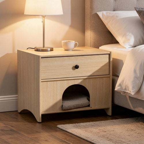 Cera Side End Table with Pet Nook | 1 Drawer | 16" Natural Brown