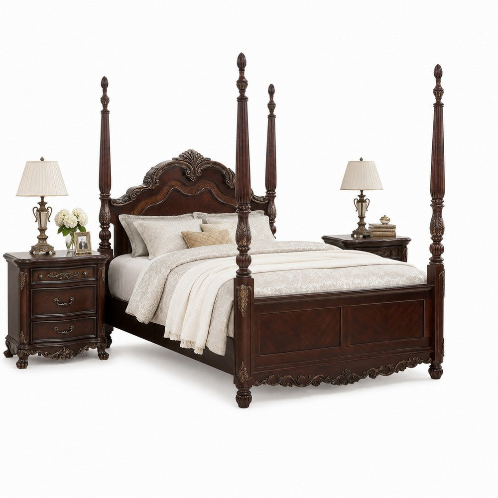 Queen Bedroom Set, Brown, Gold, Brown Wood, 3 Piece Set with 2 Nightstands