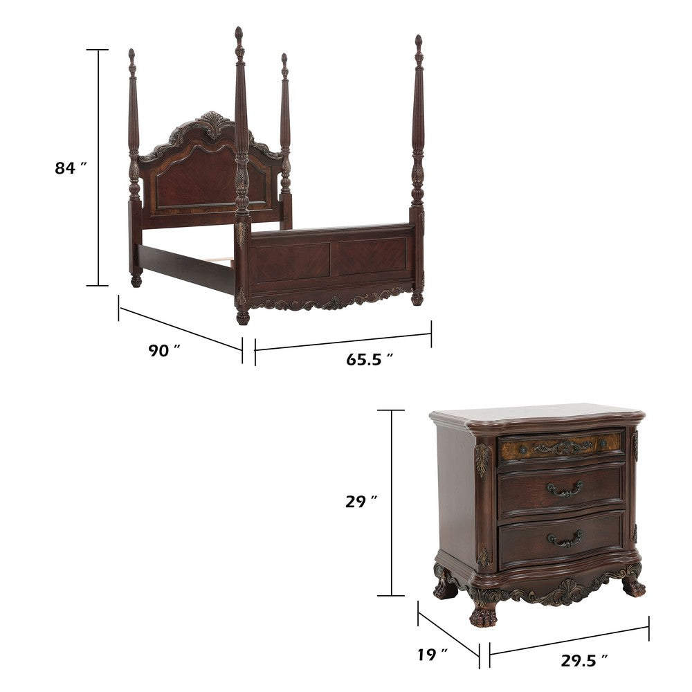 Queen Bedroom Set, Brown, Gold, Brown Wood, 3 Piece Set with 2 Nightstands