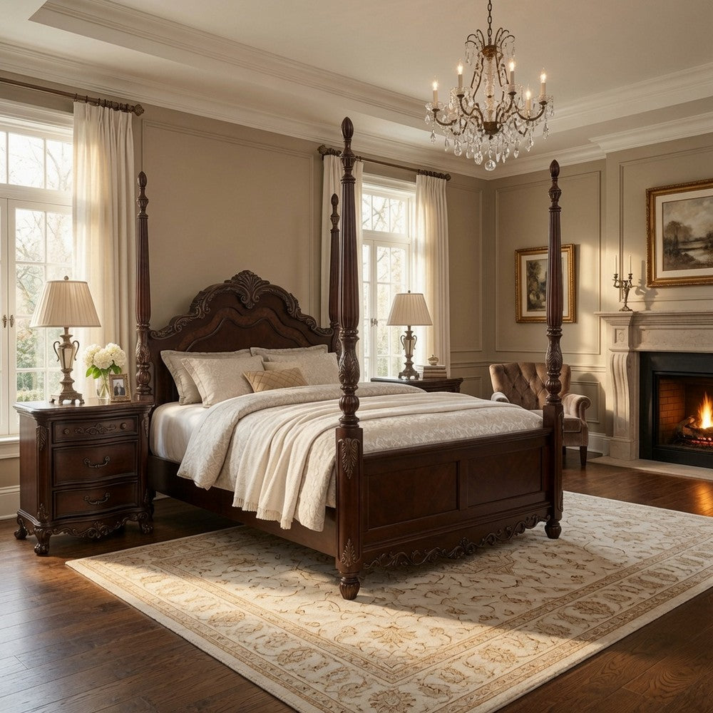 Queen Bedroom Set, Brown, Gold, Brown Wood, 3 Piece Set with 2 Nightstands