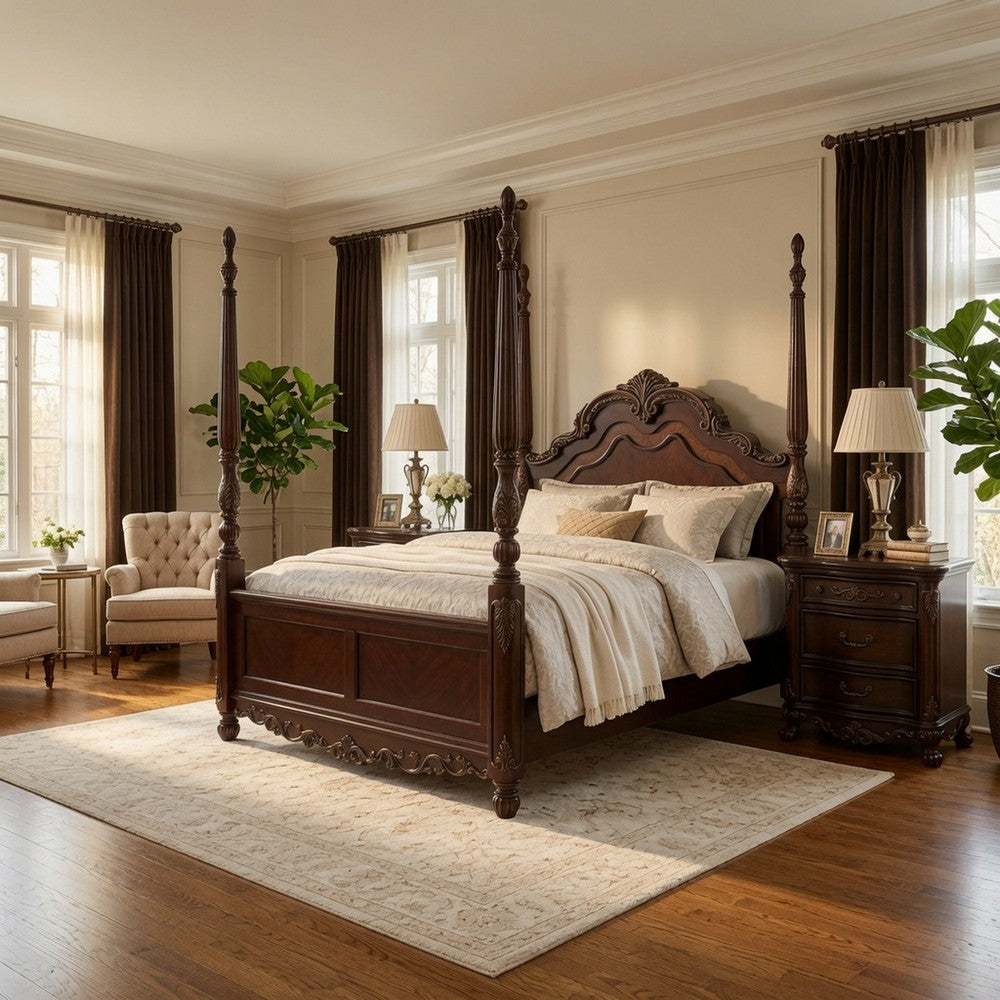 Queen Bedroom Set, Brown, Gold, Brown Wood, 3 Piece Set with 2 Nightstands