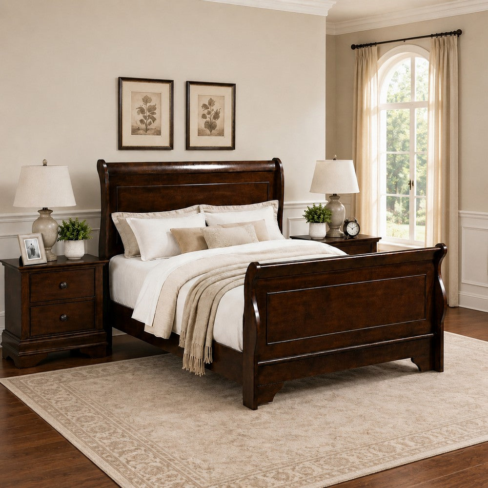 Queen Bedroom Set, Brown Wood, 3 Piece Set with 2 Nightstands